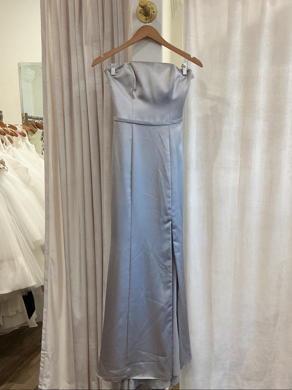 Strapless Light Blue Satin Evening Gown